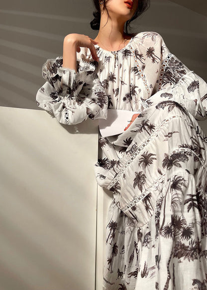 Boho White O-Neck Patchwork Print Exra Large Hem Long Dress Lantern Sleeve LC0490 - fabuloryshop