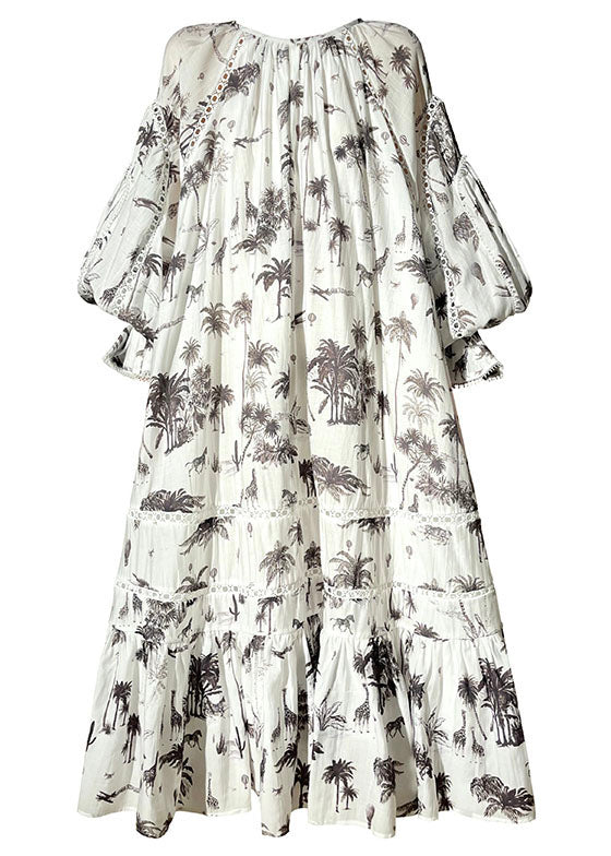 Boho White O-Neck Patchwork Print Exra Large Hem Long Dress Lantern Sleeve LC0490 - fabuloryshop