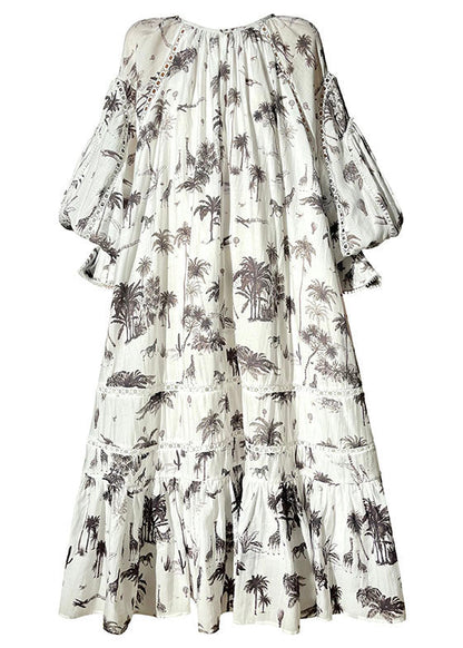 Boho White O-Neck Patchwork Print Exra Large Hem Long Dress Lantern Sleeve LC0490 - fabuloryshop