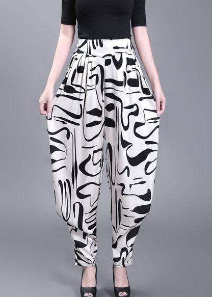 Boho White Pockets Print High Waist Chiffon Pants Summer Ada Fashion