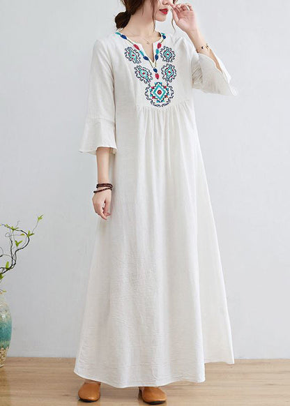 Boho White V Neck Embroideried Cotton A Line Dress Bracelet Sleeve LY0897 - fabuloryshop