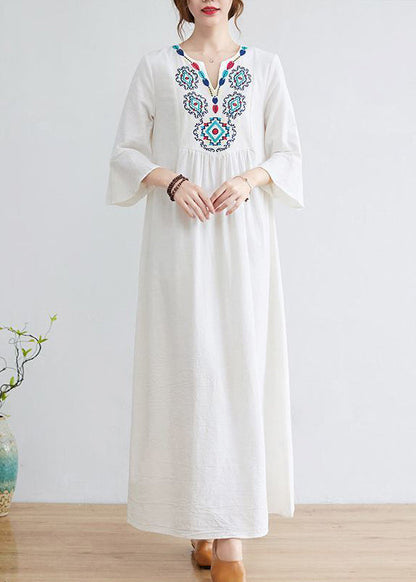 Boho White V Neck Embroideried Cotton A Line Dress Bracelet Sleeve LY0897 - fabuloryshop