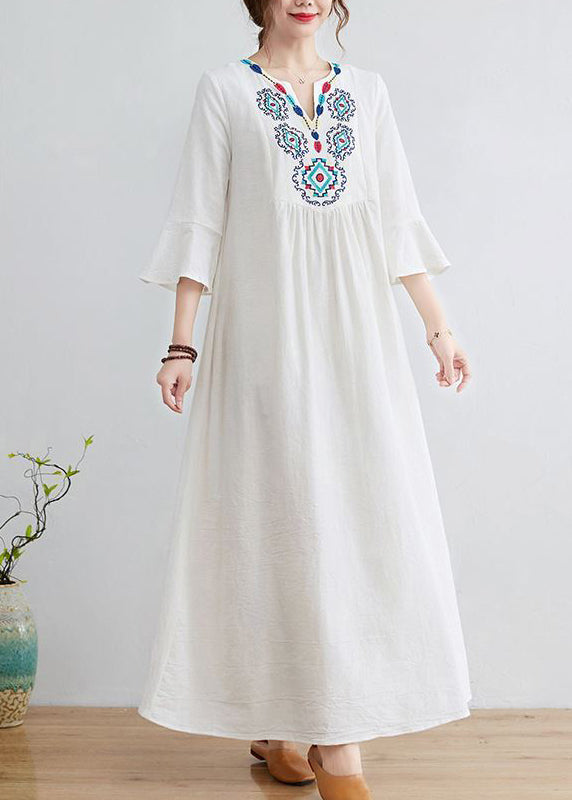 Boho White V Neck Embroideried Cotton A Line Dress Bracelet Sleeve LY0897 - fabuloryshop