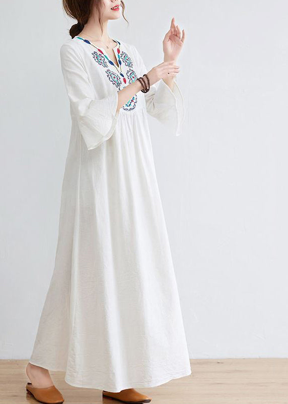Boho White V Neck Embroideried Cotton A Line Dress Bracelet Sleeve LY0897 - fabuloryshop