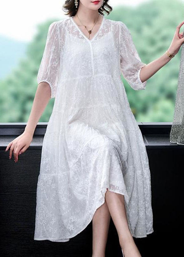 Boho White V Neck Embroideried Patchwork Silk Two Pieces Set Summer LY4610 - fabuloryshop