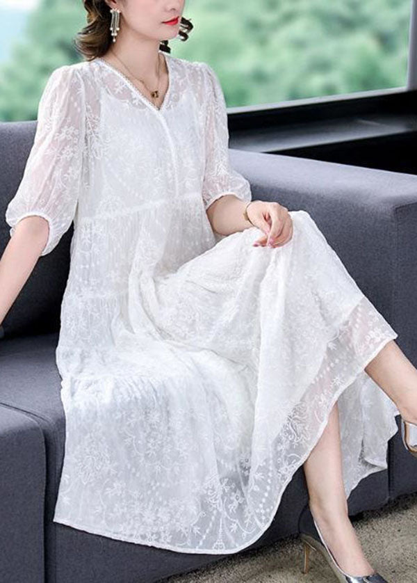 Boho White V Neck Embroideried Patchwork Silk Two Pieces Set Summer LY4610 - fabuloryshop