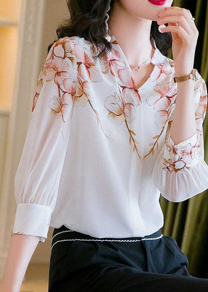 Boho White V Neck Print Patchwork Silk Shirt Top Summer LY0074 - fabuloryshop