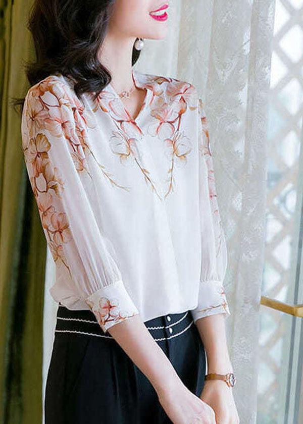 Boho White V Neck Print Patchwork Silk Shirt Top Summer LY0074 - fabuloryshop