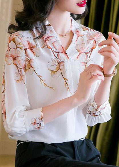 Boho White V Neck Print Patchwork Silk Shirt Top Summer LY0074 - fabuloryshop