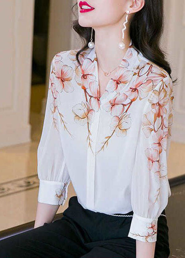 Boho White V Neck Print Patchwork Silk Shirt Top Summer LY0074 - fabuloryshop