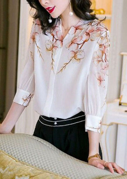 Boho White V Neck Print Patchwork Silk Shirt Top Summer LY0074 - fabuloryshop