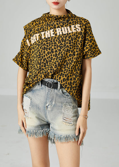 Boho Yellow Cold Shoulder Leopard Print Cotton Tops Summer LY2470 - fabuloryshop