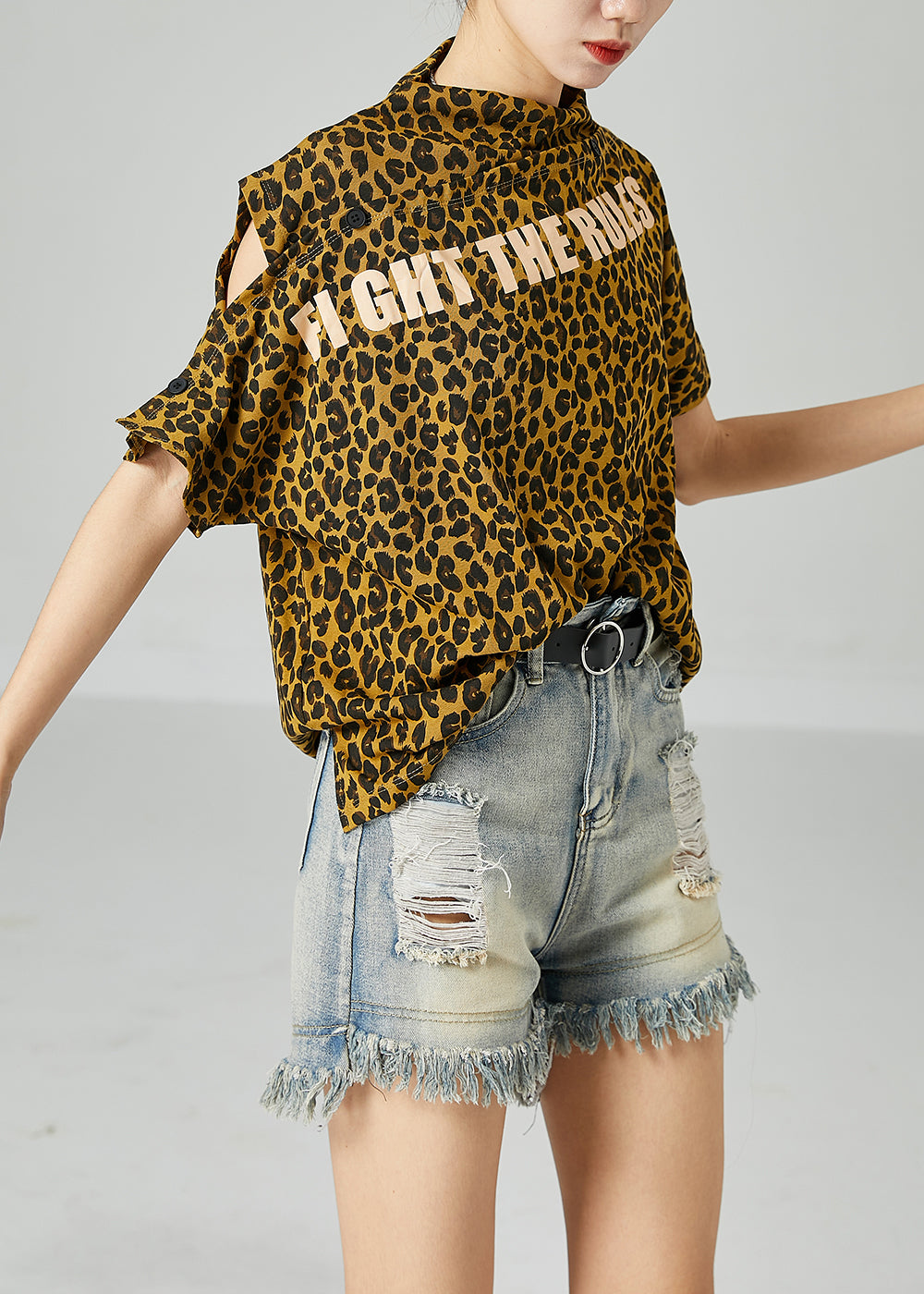 Boho Yellow Cold Shoulder Leopard Print Cotton Tops Summer LY2470 - fabuloryshop