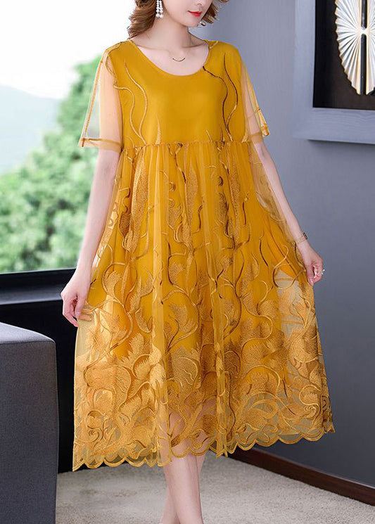 Boho Yellow Embroideried Hollow Out Tulle Dress Summer LY3725 - fabuloryshop