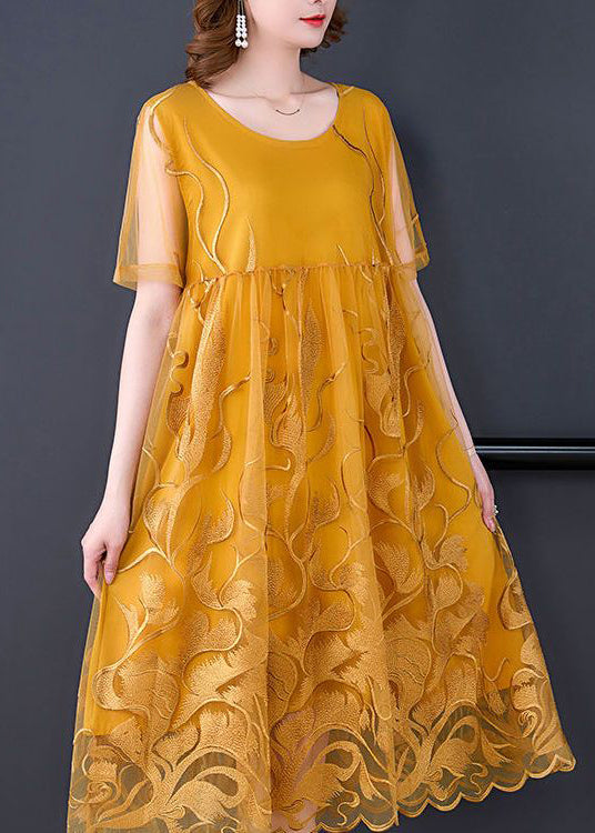 Boho Yellow Embroideried Hollow Out Tulle Dress Summer LY3725 - fabuloryshop