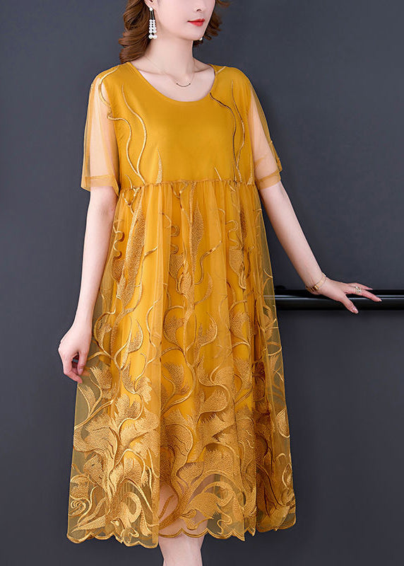 Boho Yellow Embroideried Hollow Out Tulle Dress Summer LY3725 - fabuloryshop