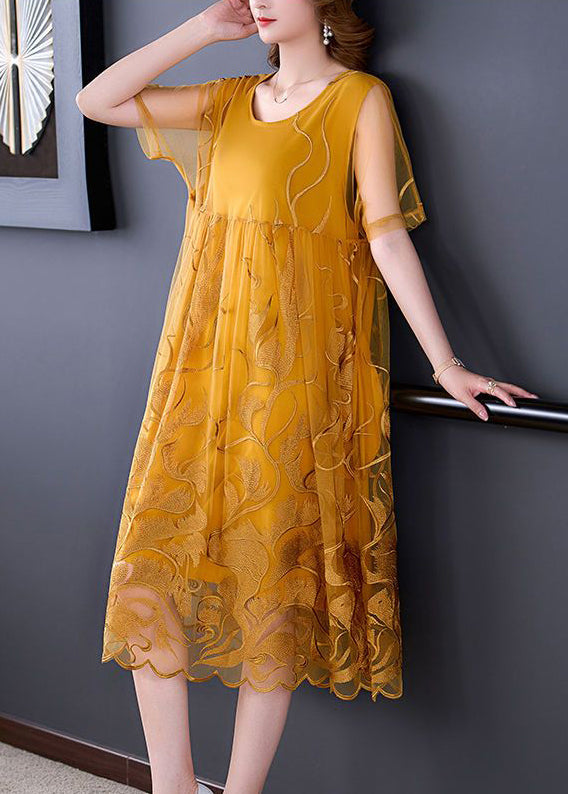 Boho Yellow Embroideried Hollow Out Tulle Dress Summer LY3725 - fabuloryshop