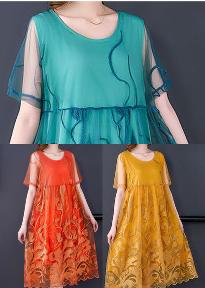 Boho Yellow Embroideried Hollow Out Tulle Dress Summer LY3725 - fabuloryshop