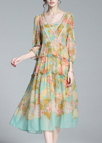 Boho Yellow Green V Neck Print Patchwork Ruffled Maxi Dresses Summer LY0965 - fabuloryshop