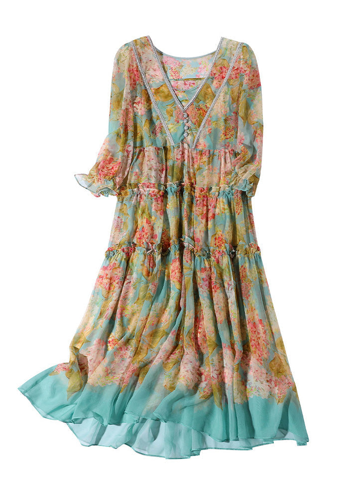 Boho Yellow Green V Neck Print Patchwork Ruffled Maxi Dresses Summer LY0965 - fabuloryshop