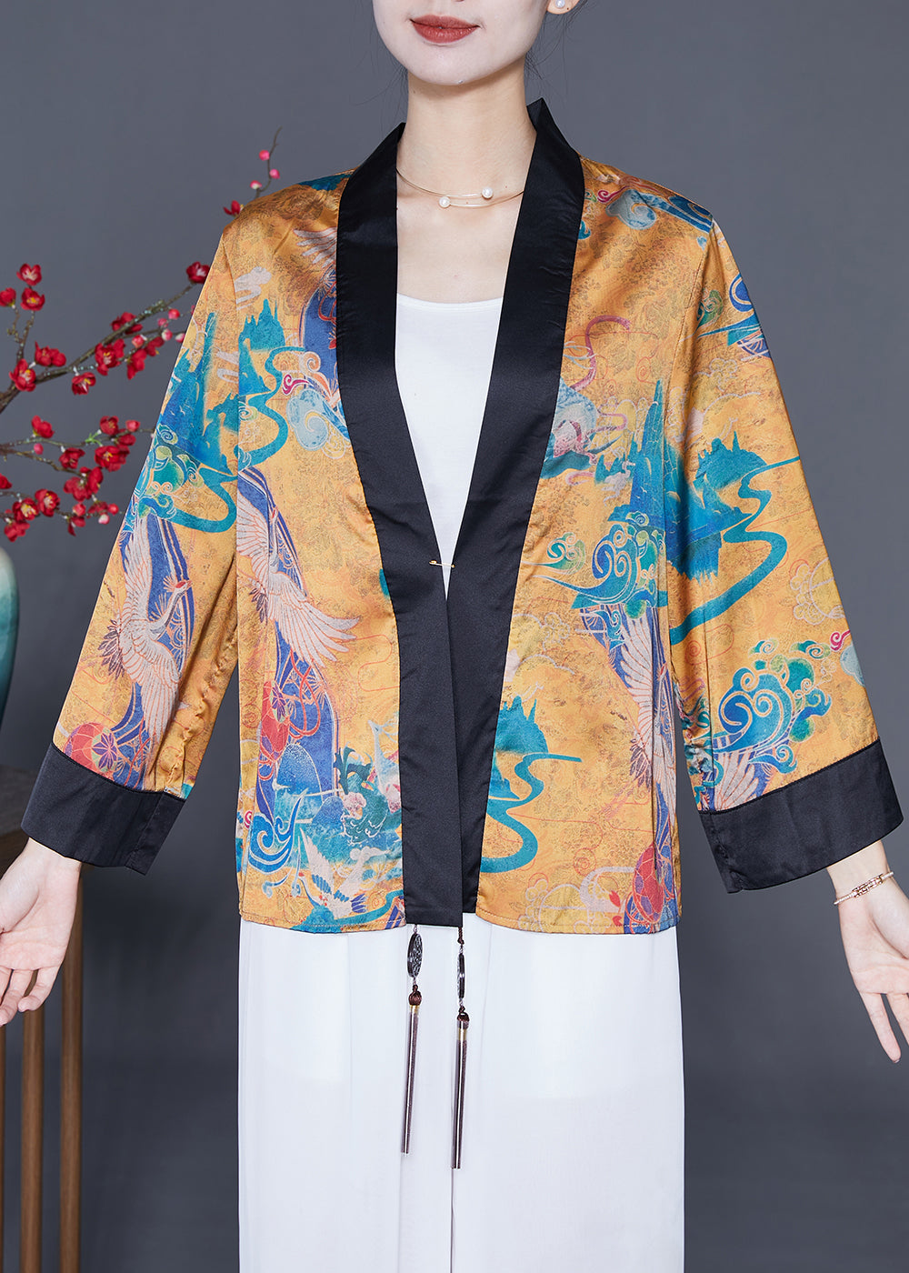 Boho Yellow Oversized Patchwork Tassel Silk Loose Coat Summer Ada Fashion