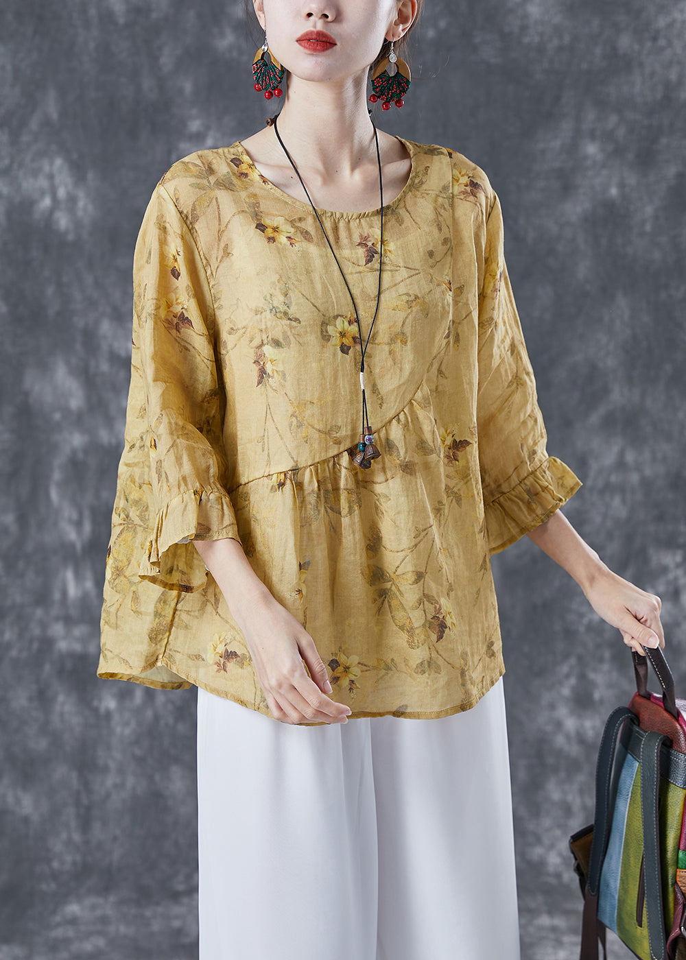 Boho Yellow Patchwork Print Linen Blouse Tops Bracelet Sleeve LY4134 - fabuloryshop