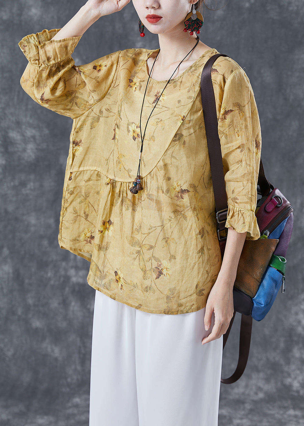 Boho Yellow Patchwork Print Linen Blouse Tops Bracelet Sleeve LY4134 - fabuloryshop