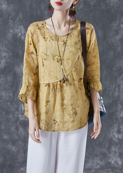 Boho Yellow Patchwork Print Linen Blouse Tops Bracelet Sleeve LY4134 - fabuloryshop