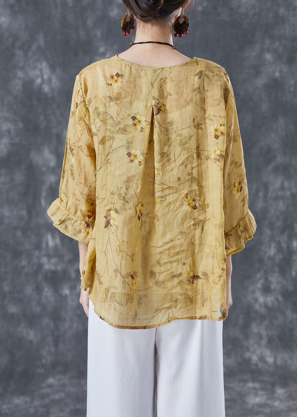 Boho Yellow Patchwork Print Linen Blouse Tops Bracelet Sleeve LY4134 - fabuloryshop