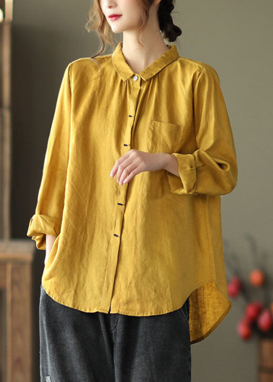Boho Yellow Peter Pan Collar Patchwork Linen Shirts Top Long Sleeve LY6188 - fabuloryshop
