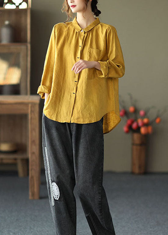 Boho Yellow Peter Pan Collar Patchwork Linen Shirts Top Long Sleeve LY6188 - fabuloryshop