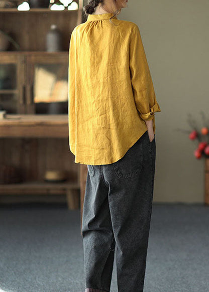 Boho Yellow Peter Pan Collar Patchwork Linen Shirts Top Long Sleeve LY6188 - fabuloryshop