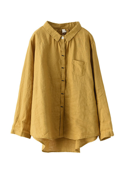 Boho Yellow Peter Pan Collar Patchwork Linen Shirts Top Long Sleeve LY6188 - fabuloryshop