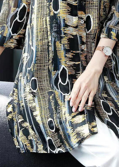 Boho Yellow Peter Pan Collar Print Patchwork Chiffon Blouse Tops Bracelet Sleeve LY6705 - fabuloryshop