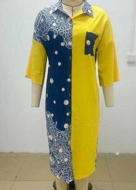 Boho Yellow Print Button Chiffon Shirts Dresses Spring LY1930 - fabuloryshop