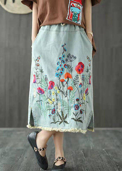 Boho Dark Blue Embroideried Denim Skirt - fabuloryshop