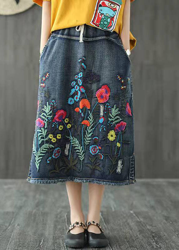 Boho Dark Blue Embroideried Denim Skirt