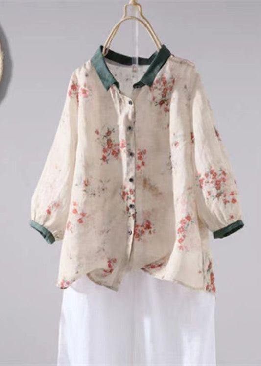 Boutique Apricot Peter Pan Collar Print Patchwork Linen Shirt Tops Summer Ada Fashion
