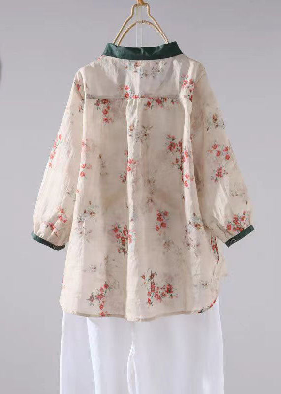 Boutique Apricot Peter Pan Collar Print Patchwork Linen Shirt Tops Summer Ada Fashion