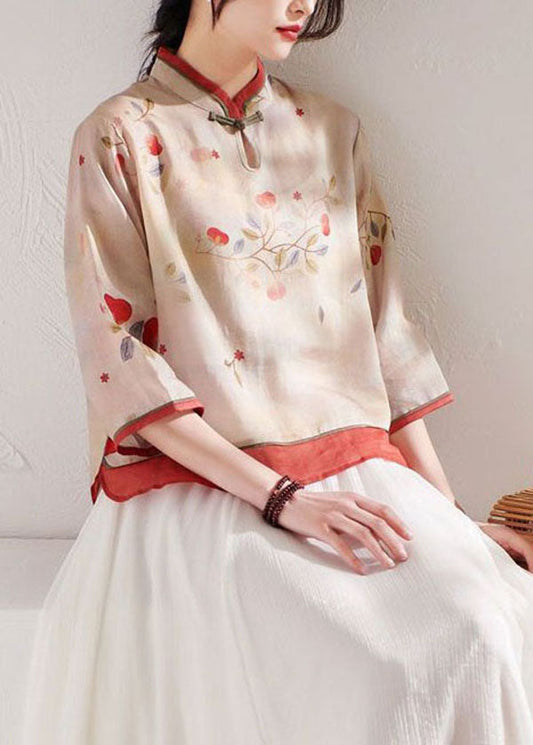 Boutique Apricot Stand Collar Print Linen Blouses Summer LY1714 - fabuloryshop