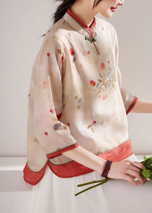 Boutique Apricot Stand Collar Print Linen Blouses Summer LY1714 - fabuloryshop