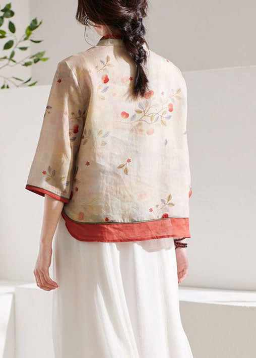 Boutique Apricot Stand Collar Print Linen Blouses Summer LY1714 - fabuloryshop