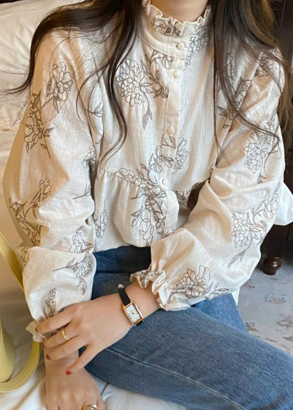 Boutique Apricot Stand Collar Ruffled Print Cotton Top Spring LY2649 - fabuloryshop