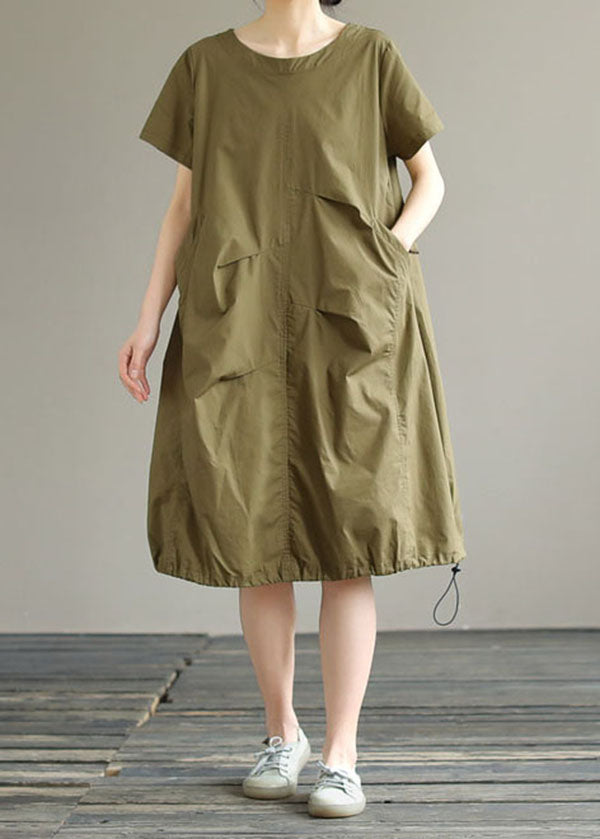 Boutique Army Green O Neck Ruffled Patchwork Cotton Dress Summer LY3921 - fabuloryshop