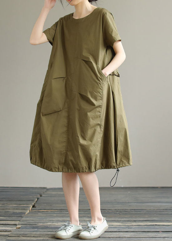 Boutique Army Green O Neck Ruffled Patchwork Cotton Dress Summer LY3921 - fabuloryshop