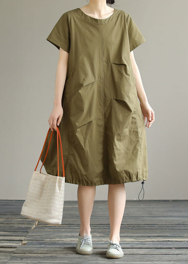 Boutique Army Green O Neck Ruffled Patchwork Cotton Dress Summer LY3921 - fabuloryshop