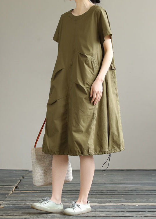 Boutique Army Green O Neck Ruffled Patchwork Cotton Dress Summer LY3921 - fabuloryshop