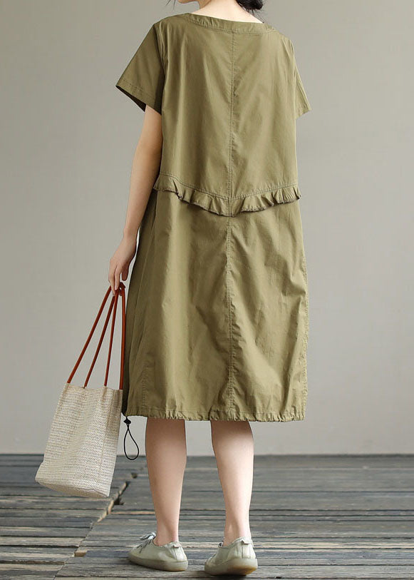 Boutique Army Green O Neck Ruffled Patchwork Cotton Dress Summer LY3921 - fabuloryshop