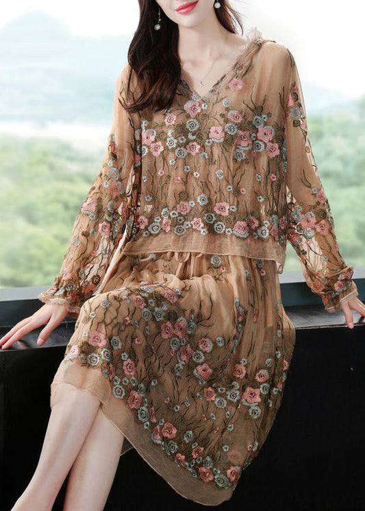 Boutique Beige Hooded Embroideried Patchwork Silk Fake Two Piece Dresses Spring LY1014 - fabuloryshop