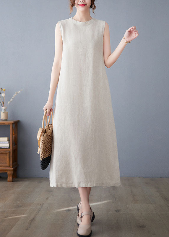 Boutique Beige O Neck Pockets Patchwork Cotton Dresses Sleeveless LC0441 - fabuloryshop